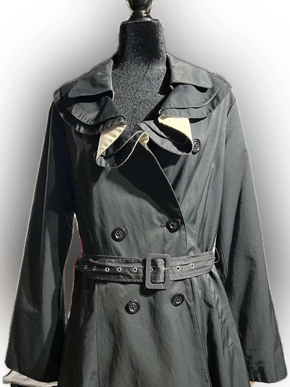 Betsey Johnson Black Trench Coat with Ruffled Collar